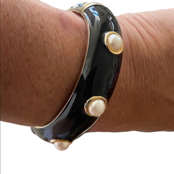 Jewelry - Classic Black enamel hinged cuff bracelet with faux pearls in goldtone setting.